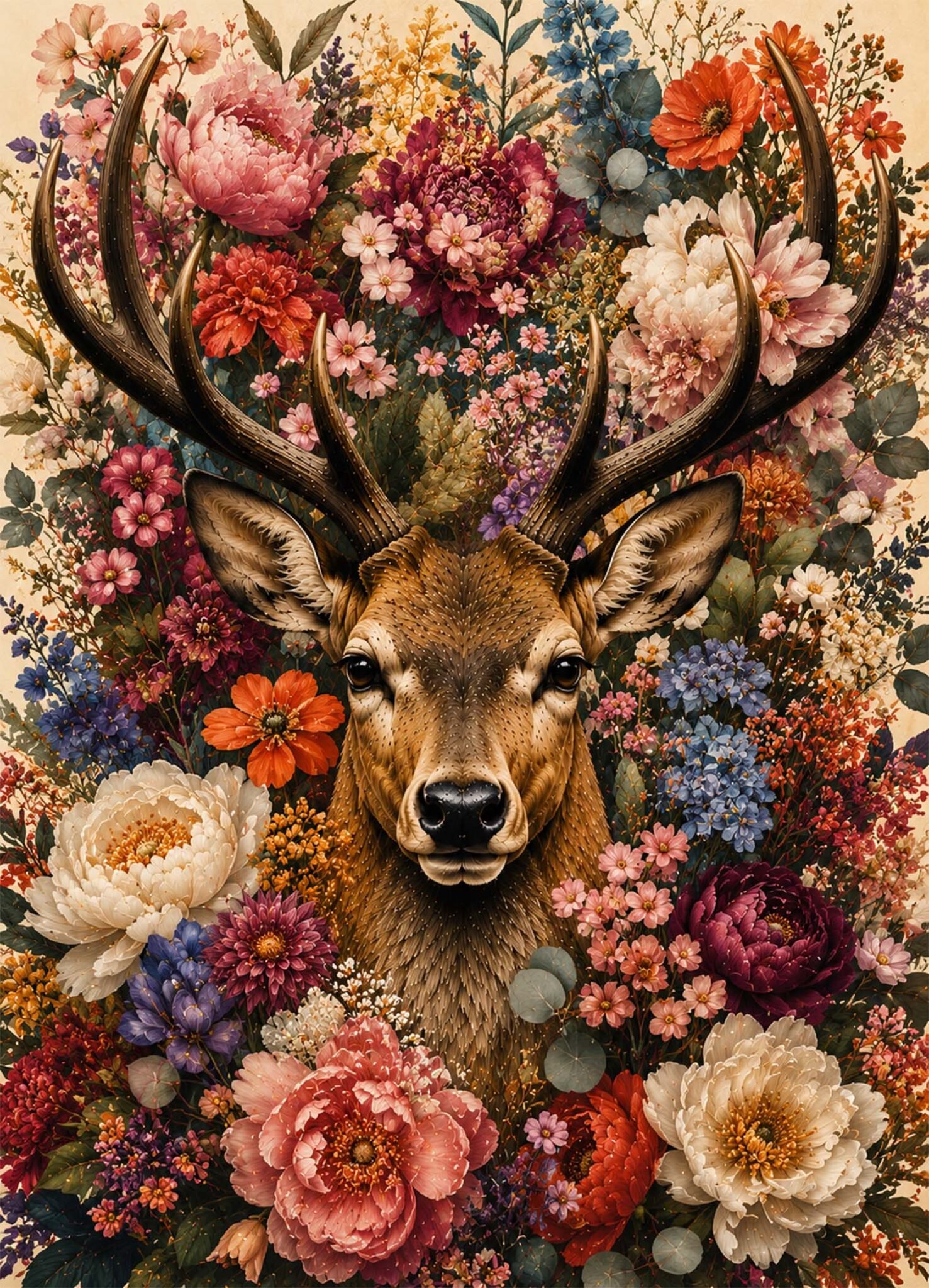 Affiche représentant un cerf de face entouré d’un cercle dense de fleurs roses, rouges, crème et orange