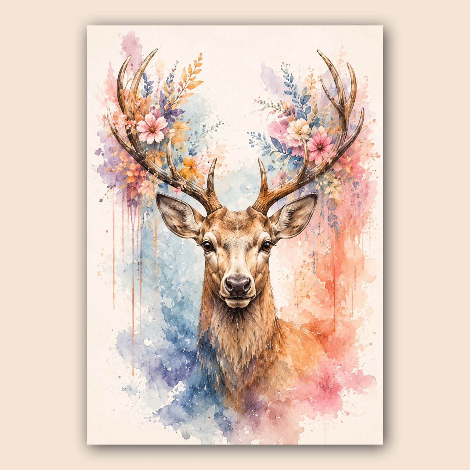 Affiche d'un cerf avec des fleurs en aquarelle