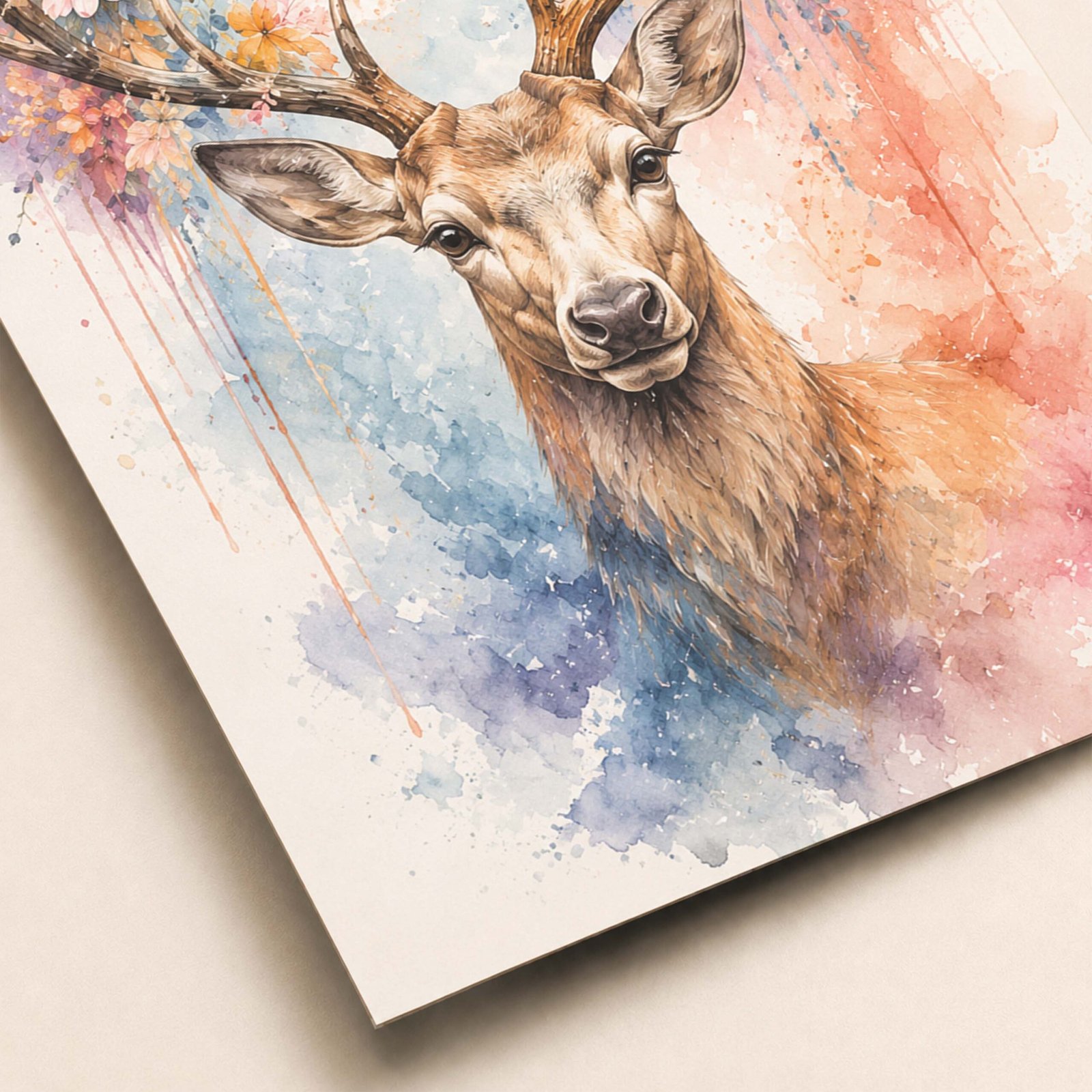 Affiche d'un cerf avec des fleurs en aquarelle