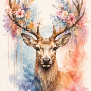 Affiche d'un cerf avec des fleurs en aquarelle
