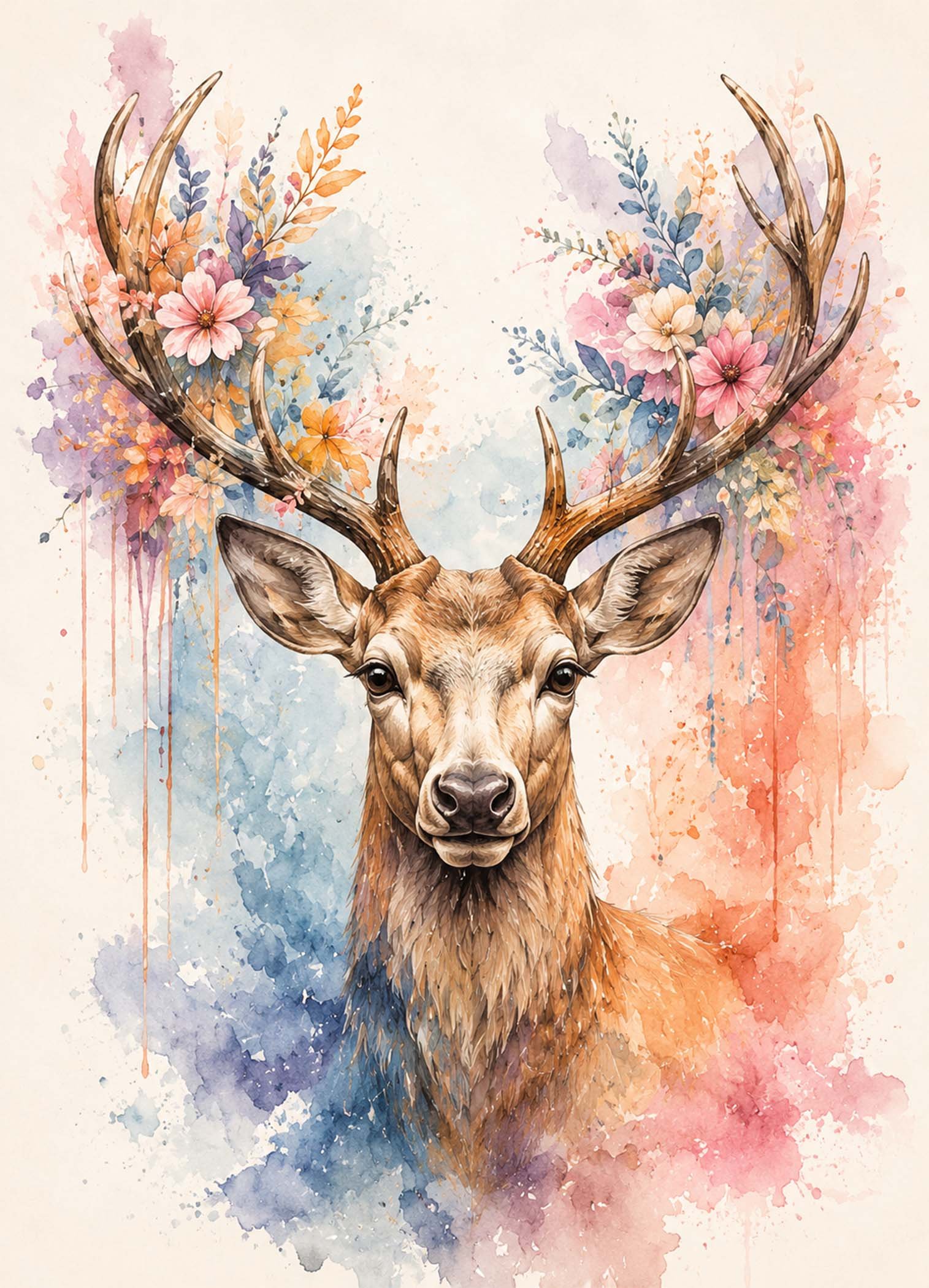 Affiche d'un cerf avec des fleurs en aquarelle