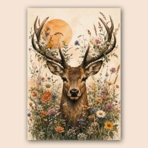 Affiche d'un cerf entouré de fleurs colorées
