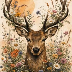 Affiche d'un cerf entouré de fleurs colorées
