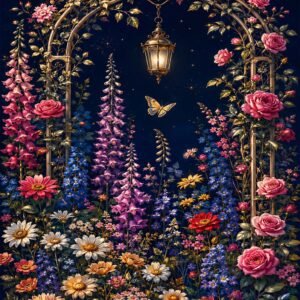 Affiche représentant un jardin fleuri luxuriant avec des roses et des marguerites