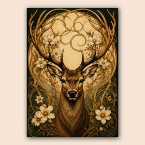 Affiche d'art représentant un cerf et des fleurs