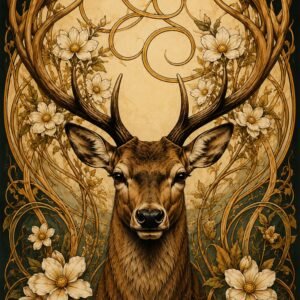 Affiche murale d'un cerf majestueux entouré de fleurs