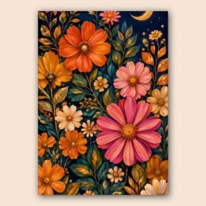 Affiche murale A3 de fleurs colorées sur fond bleu nuit
