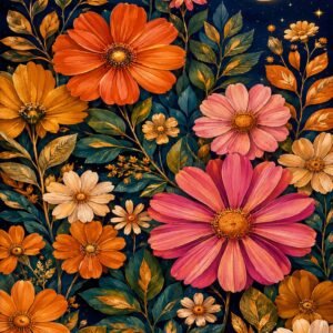 Affiche murale A3 de fleurs colorées sur fond bleu nuit