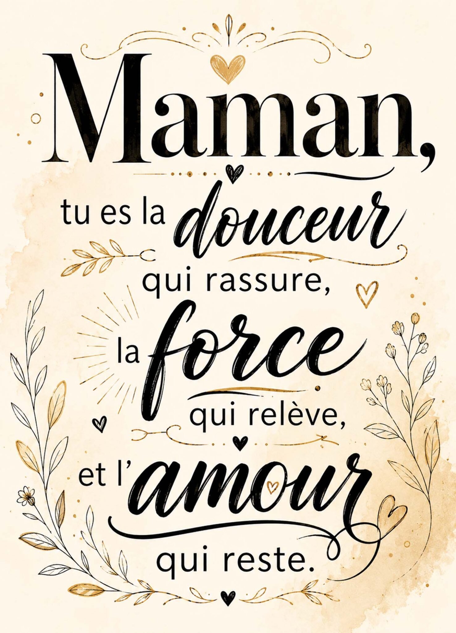Affiche représentant les mots « Maman, tu es la douceur qui rassure, la force qui relève et l’amour qui reste »