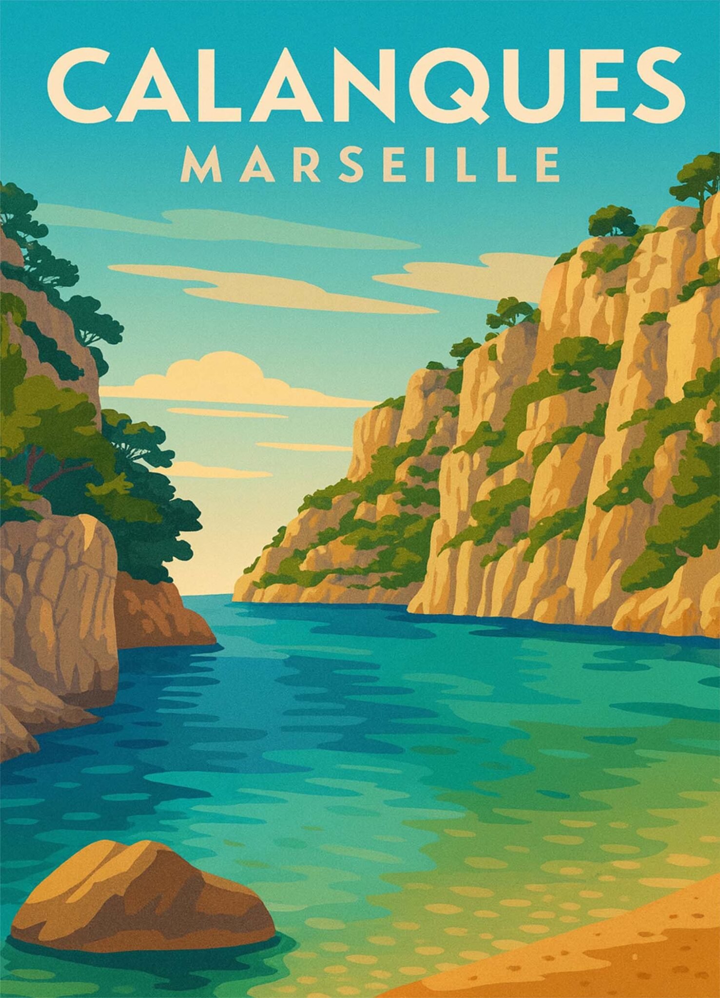 Affiche représentant une calanque marseillaise aux falaises dorées, pins verts et eau turquoise