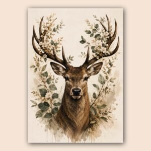 Affiche d'un cerf entouré de fleurs et de feuillages