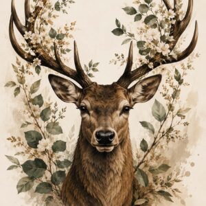 Affiche d'un cerf entouré de fleurs et de feuillages