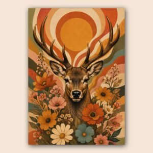 Affiche d'un cerf entouré de fleurs dans un style vintage