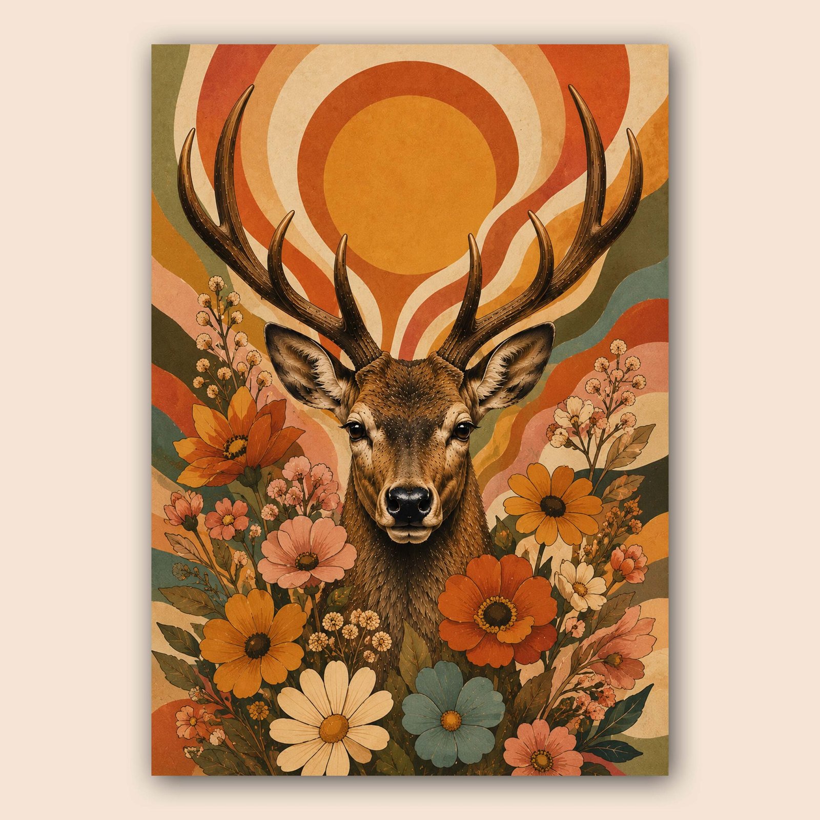 Affiche d'un cerf entouré de fleurs dans un style vintage