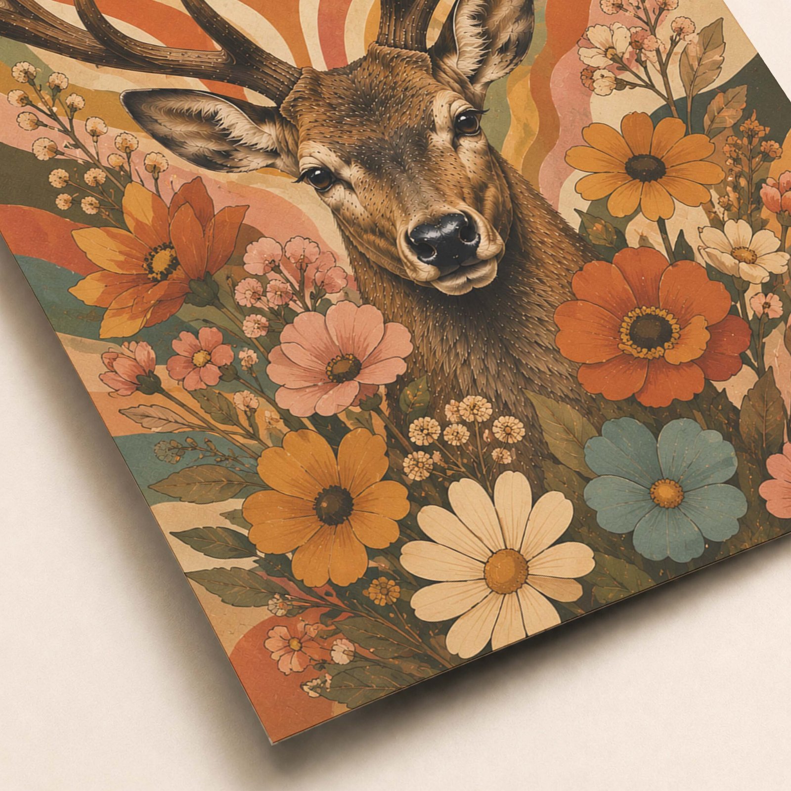 Affiche d'un cerf entouré de fleurs dans un style vintage