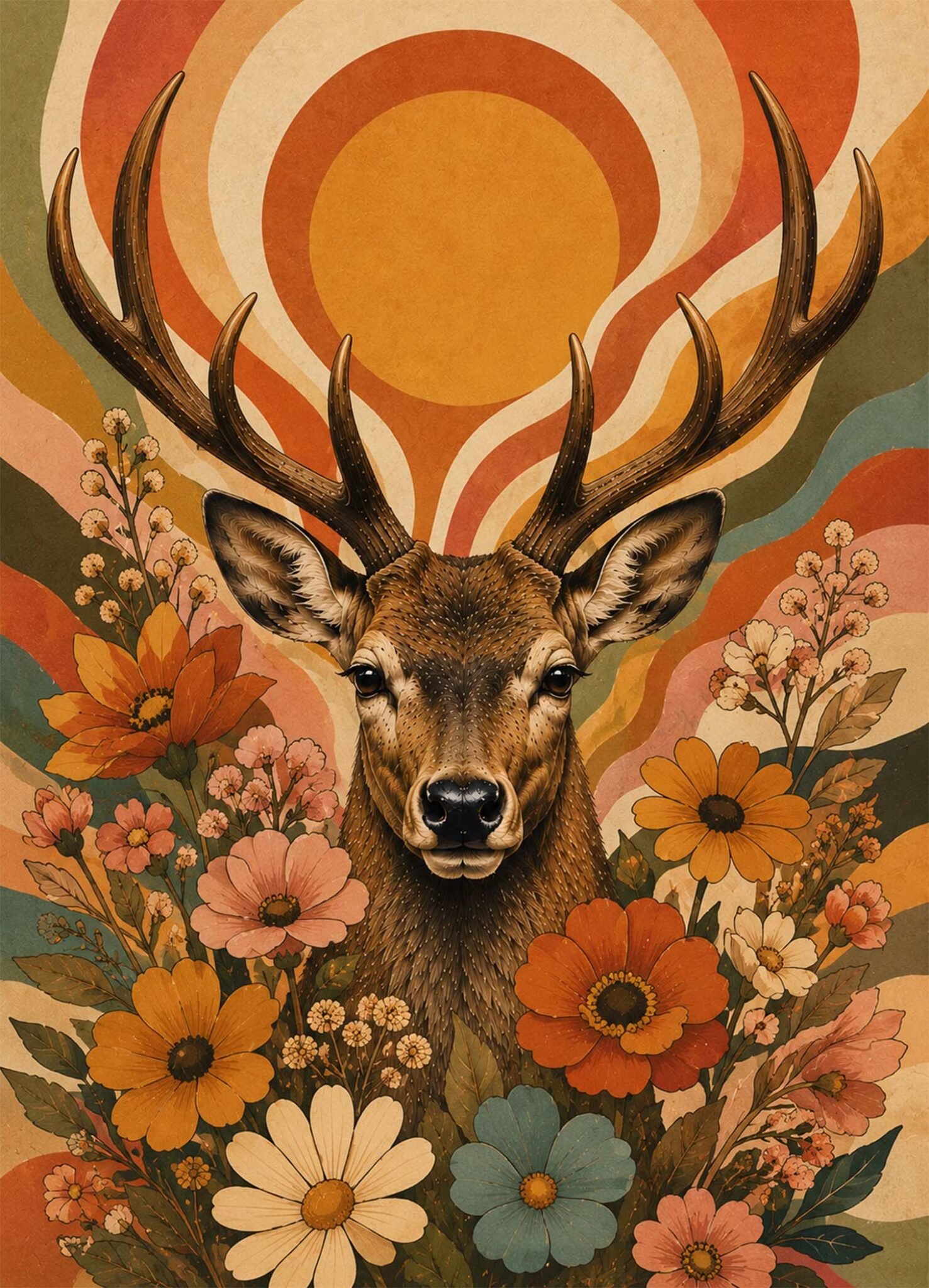 Affiche représentant un cerf de face entouré de fleurs orange et crème devant un grand soleil rétro