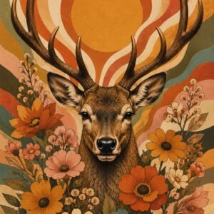Affiche d'un cerf entouré de fleurs dans un style vintage