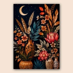 Affiche murale A3 avec des fleurs et des plantes sur fond noir