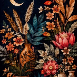 Affiche murale A3 avec des fleurs et des plantes sur fond noir