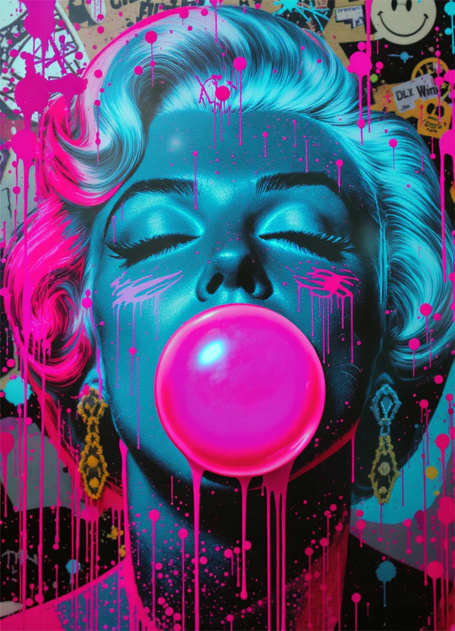 Affiche d'une femme avec chewing-gum rose