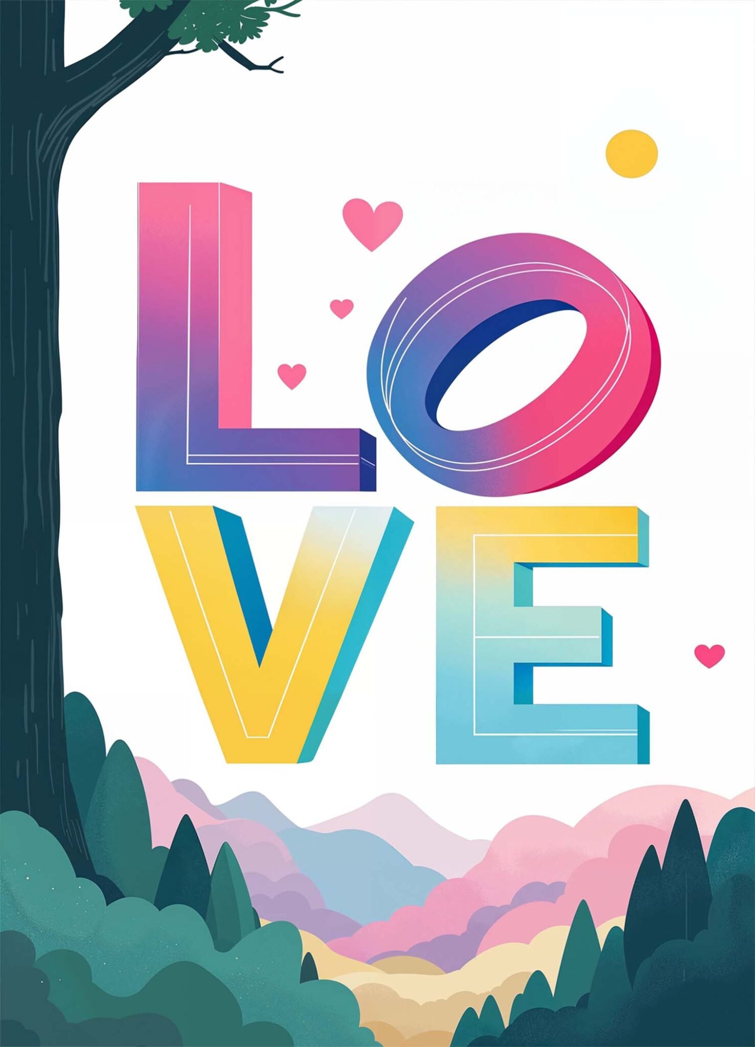Affiche représentant le mot LOVE en lettres multicolores devant un paysage stylisé de montagnes et de collines