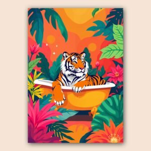 Affiche d'un tigre dans une baignoire entouré de plantes tropicales