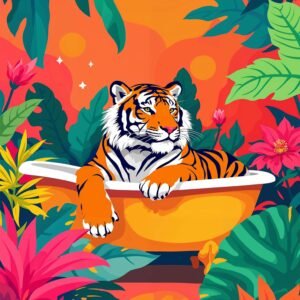 Affiche d'un tigre dans une baignoire entouré de plantes tropicales