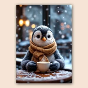 Affiche d'un pingouin avec une tasse chaude