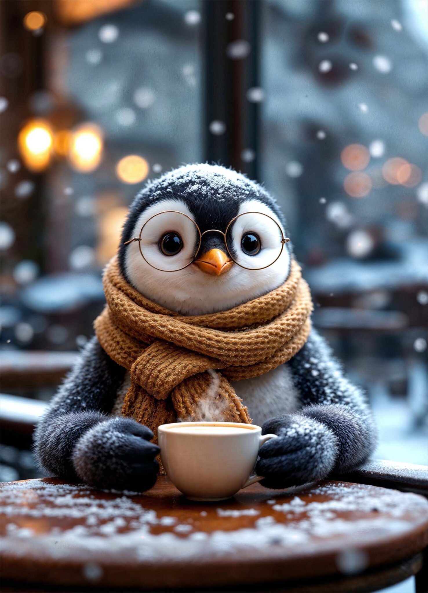 Affiche représentant un petit pingouin avec lunettes et grosse écharpe, assis devant une tasse dans une rue enneigée