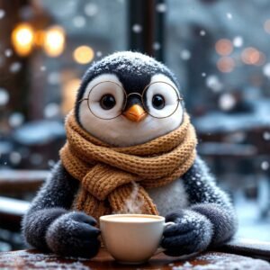 Affiche d'un pingouin avec une tasse chaude