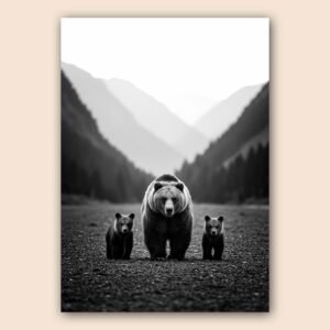Affiche d'un ours et ses petits en noir et blanc