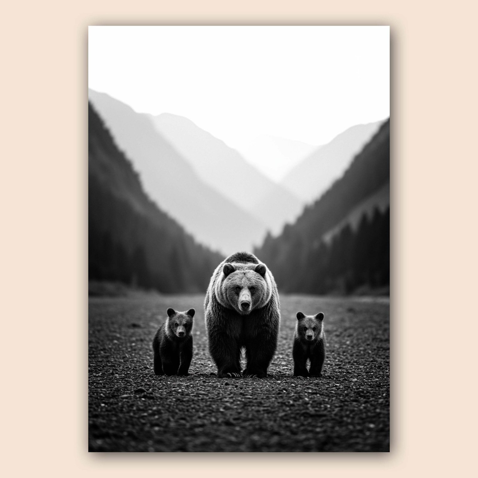 Affiche d'un ours et ses petits en noir et blanc