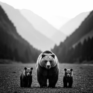 Affiche d'un ours et ses petits en noir et blanc