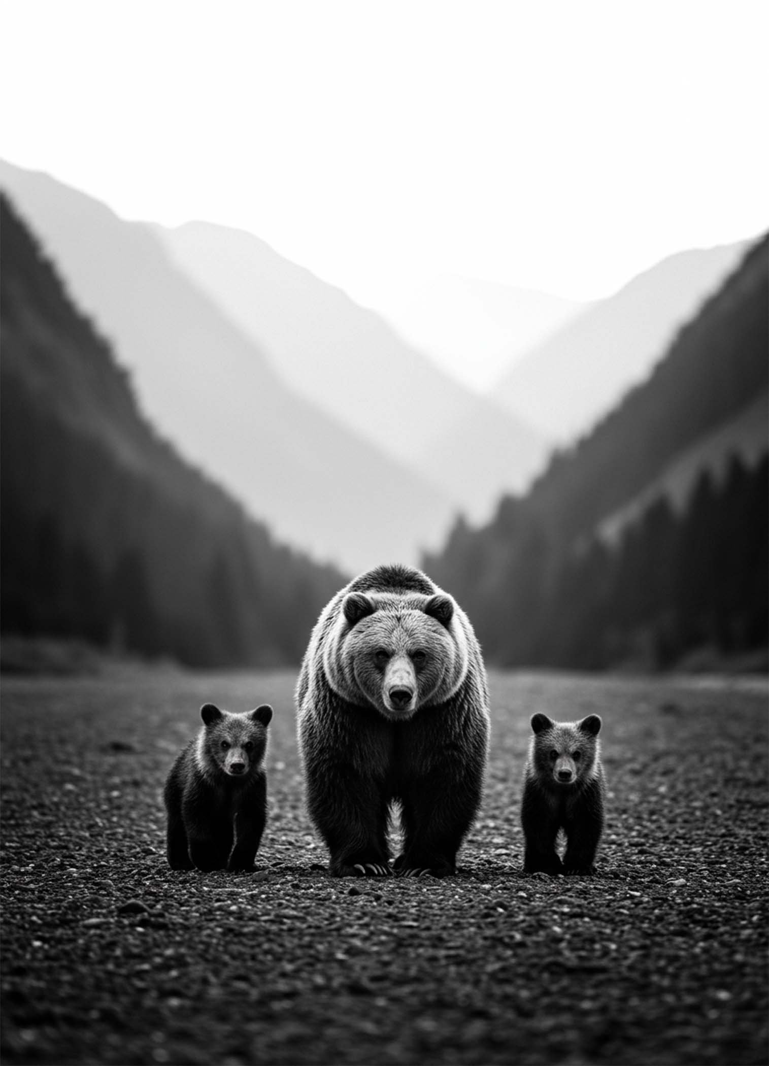 Affiche d'un ours et ses petits en noir et blanc
