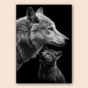 Affiche d'un loup et son petit en noir et blanc