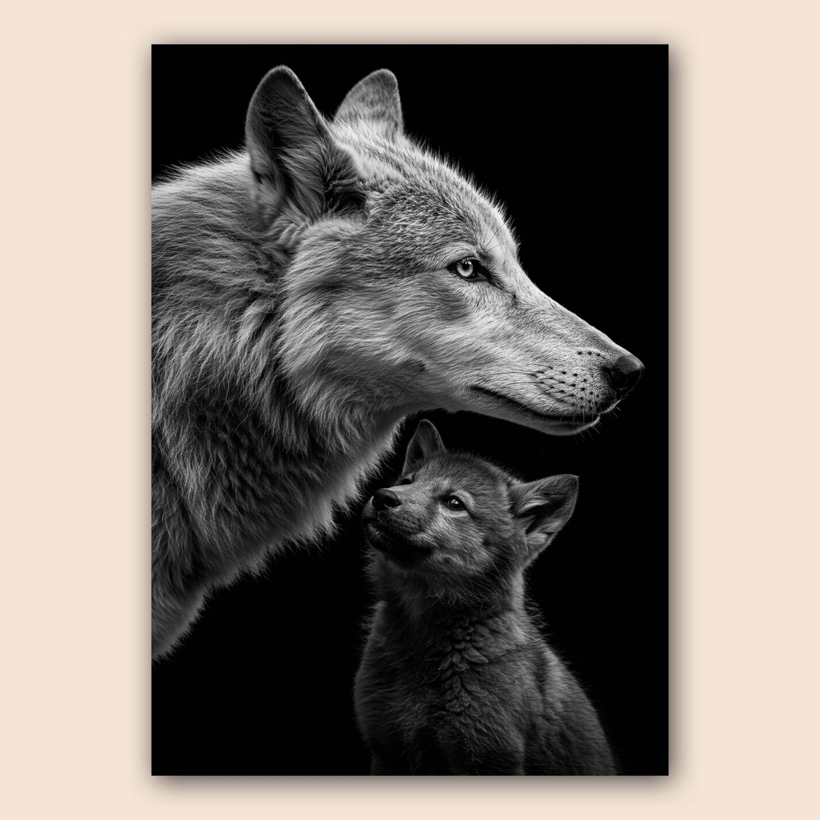 Affiche d'un loup et son petit en noir et blanc