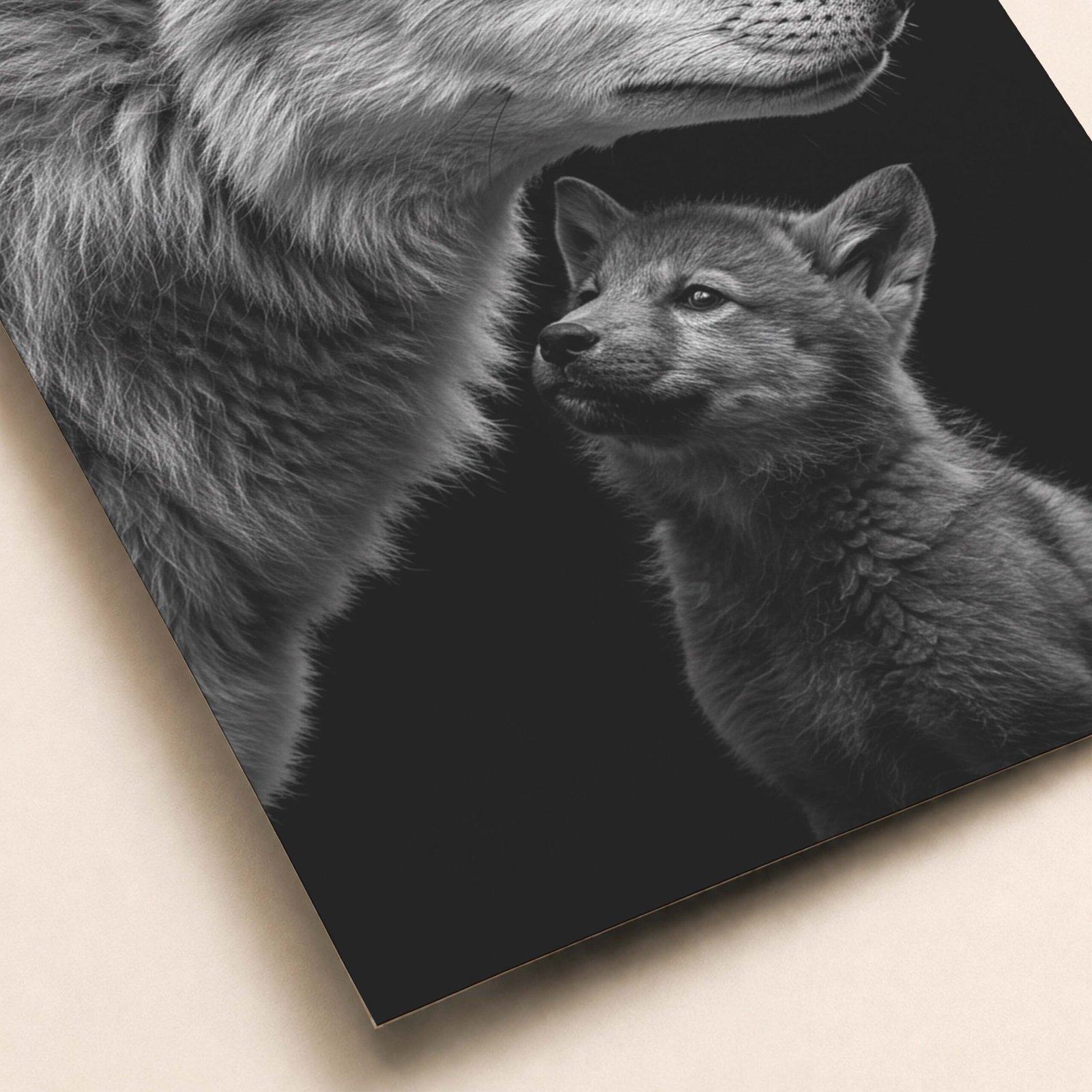 Affiche d'un loup et son petit en noir et blanc