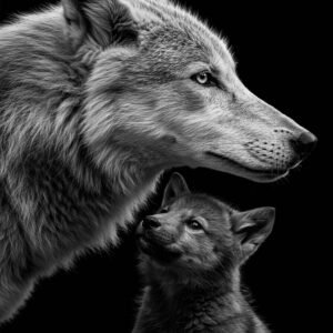 Affiche d'un loup et son petit en noir et blanc