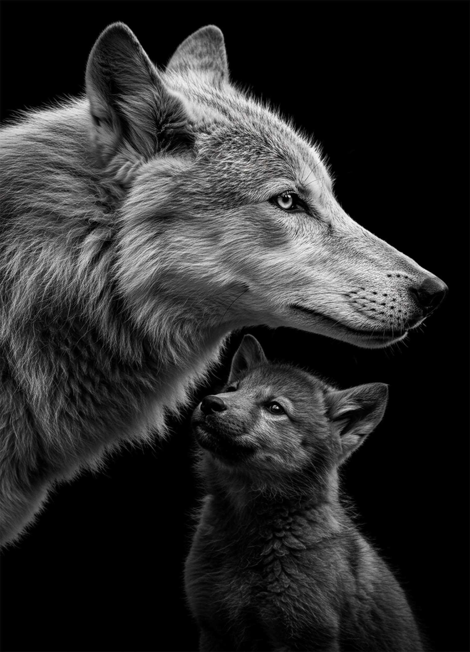 Affiche d'un loup et son petit en noir et blanc