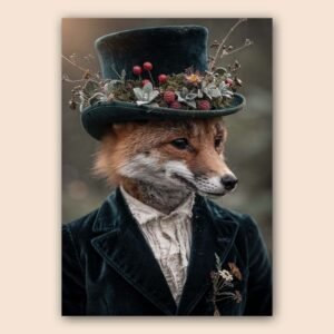 Affiche vintage d'un renard avec chapeau fleuri