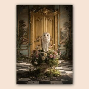 Hibou sur un socle floral dans un décor baroque