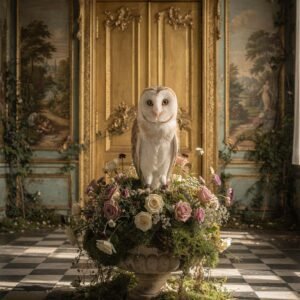 Hibou sur un socle floral dans un décor baroque