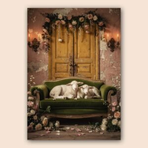 Affiche murale de moutons sur un canapé vintage