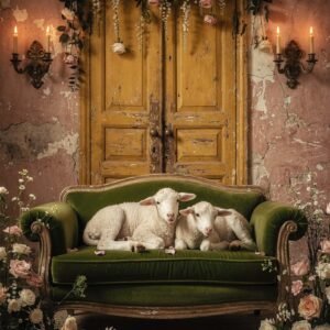 Affiche murale de moutons sur un canapé vintage