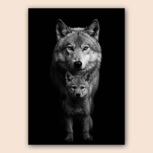 Affiche d'un loup et son petit en noir et blanc