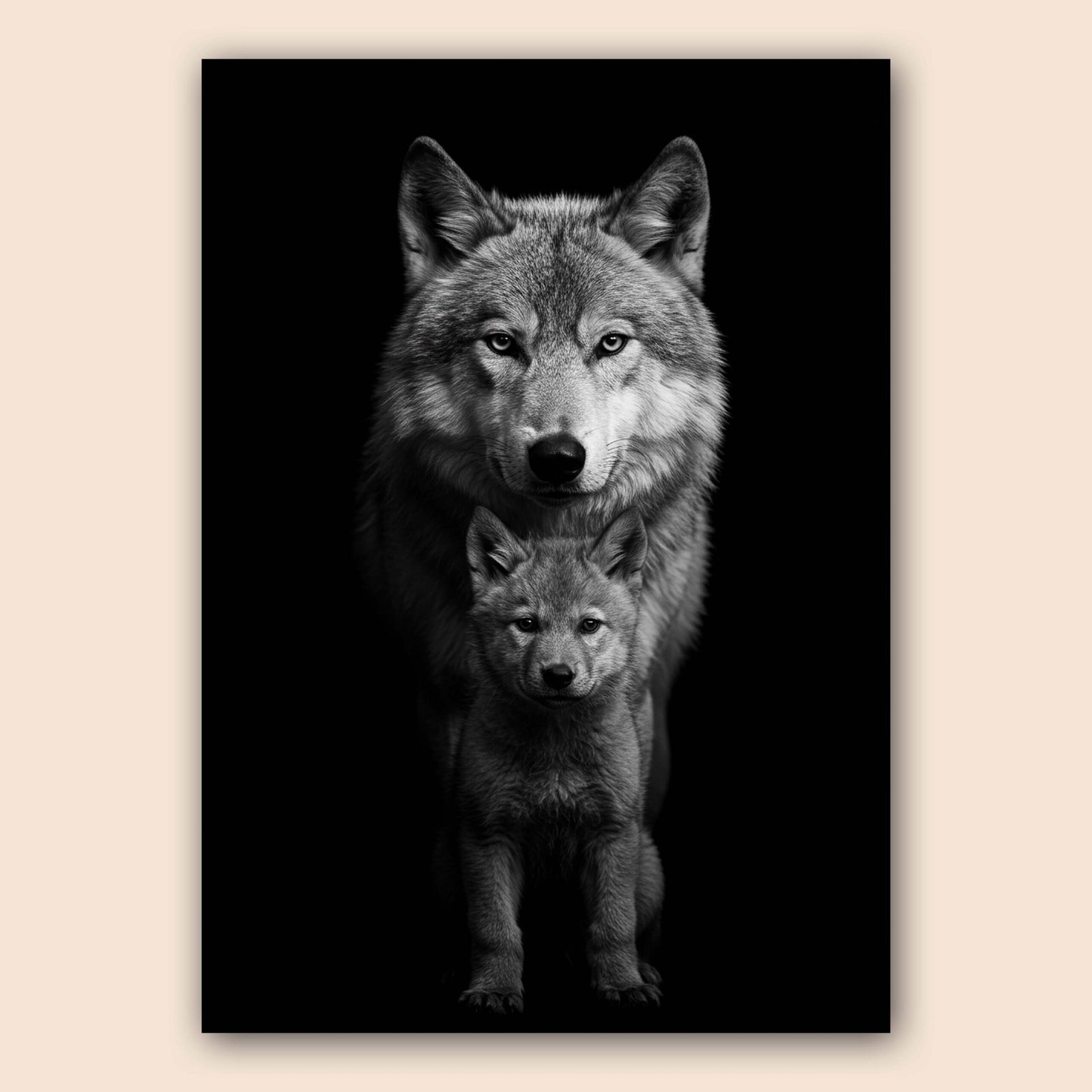 Affiche d'un loup et son petit en noir et blanc