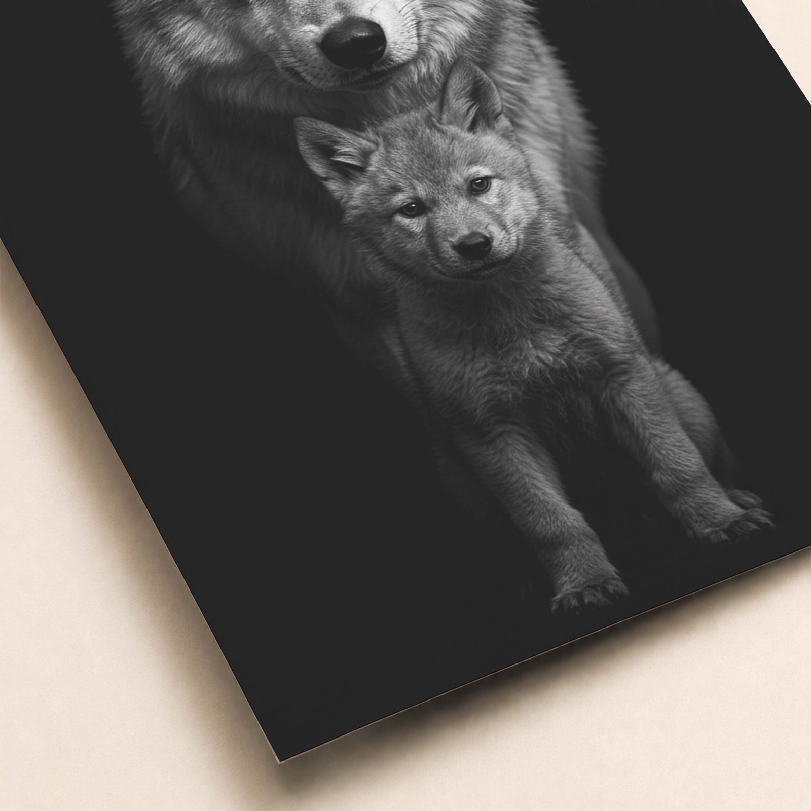 Affiche d'un loup et son petit en noir et blanc