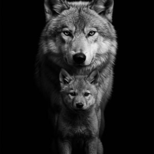 Affiche d'un loup et son petit en noir et blanc