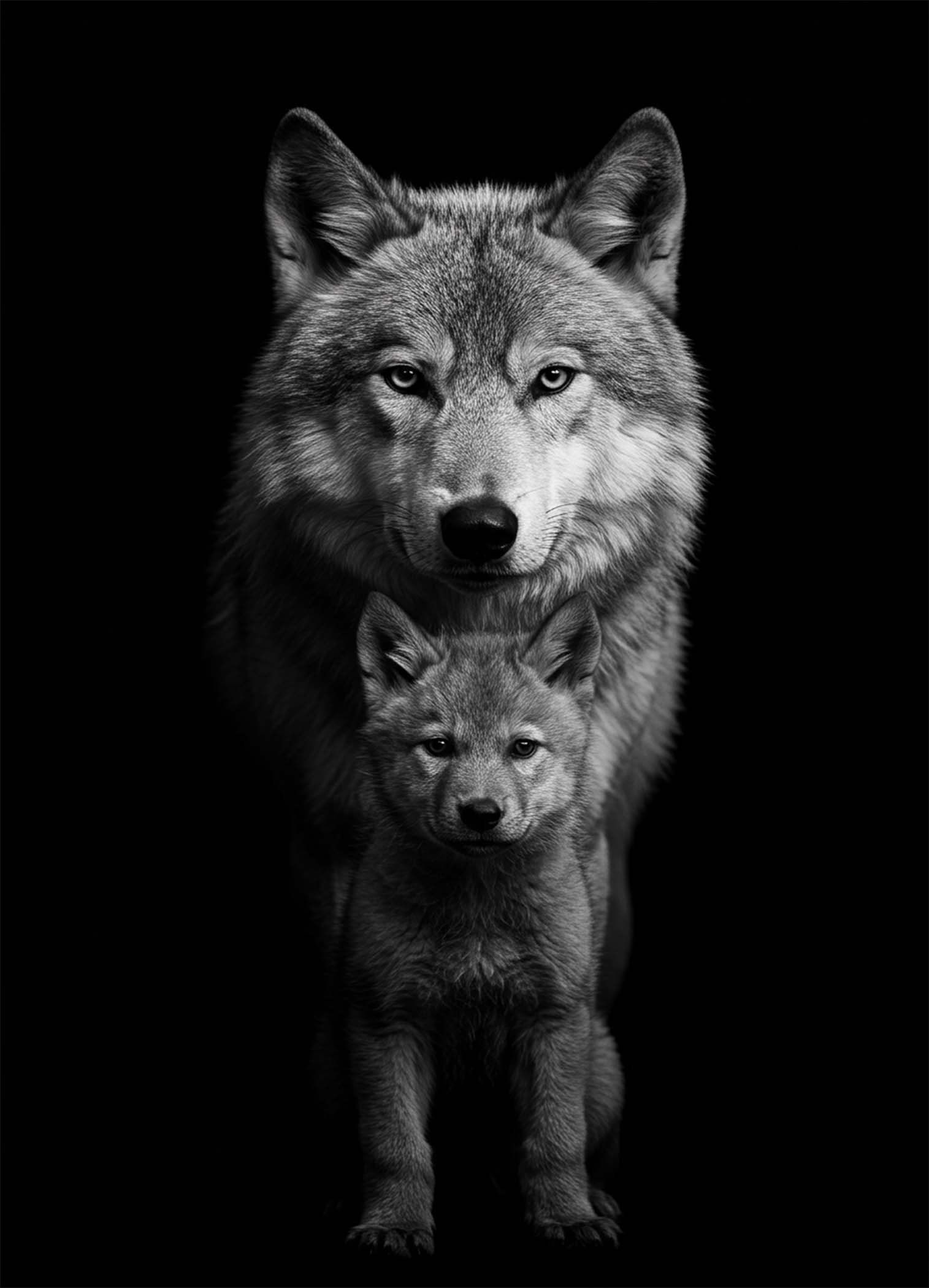 Affiche d'un loup et son petit en noir et blanc