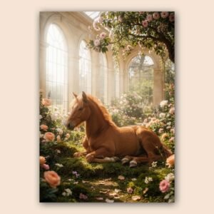 Affiche cheval dans un jardin fleuri